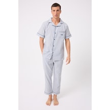 L'espadon Marısılk Seastrıpe Erkek Dokuma Yazlık Kısa Kollu Pantolonlu Pijama & Lounge Takımı-3196 Mavi