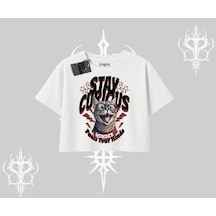 Tarzsokak Stay Curious Kedi Baskılı Oversize Crop Tshirt Beyaz
