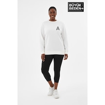 Süperlife Kadın Büyük Beden A Baskılı Bisiklet Yaka İnce Sweatshirt Spr26bswk956-12 Ekru
