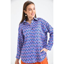Saks Desenli Oversize Uzun Kol Basic Saten Gömlek 001