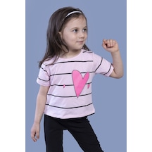 Toontoy Kids Toontoy Kız Çocuk Çizgli Kalp Baskılı Taş İşlemeli Tişört Açık Pembe