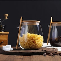 Tombul 3lü Borosilikat Cam Bambu Kapaklı Kavanoz Baharatlık Seti 600 Ml Şeffaf