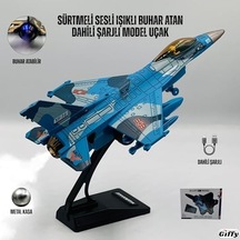 Oyuncak Model Uçak Dahili Şarjlı Buhar Atabilen Metal Kasa Işıklı Sesli Standlı Sürtmeli Savaş Uçağı + Kutulu F-16 Mavi