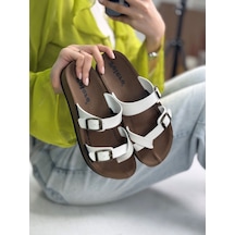 Tek Parmak Arası Kadın Terlik Rahat Ortopedik Mantar Taban Ayarlanabilir Metal Tokalı 34147 Beyaz