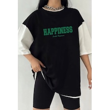 Tarzsokak Çift Renk Happıness Baskılı Unisex Tshirt Beyaz