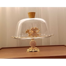 Elta Collection Gold Metal Ayaklı Cam Kapaklı Kek - Pasta Stantı Fanus Taşlı