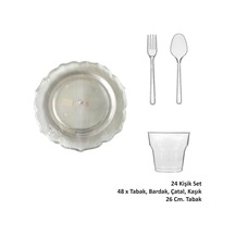 Omeyva 26 Cm. Plastik Mika Şeffaf Sorfa Piknik Seti - 48 Kişilik Tabak Bardak Çatal Kaşık Takımı Şeffaf