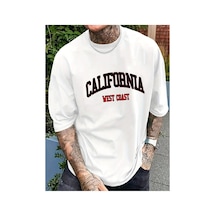 Caddemia Yaz Rahat Spor Gevşek Büyük Kaliforniya Batı Yakası Baskılı Rahat Yuvarlak Beyaz 2XL