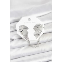 Pirinç Gümüş Renk Kelebek Model Zincir Bağlantılı Ear Cuff Küpe Seti 5886 Çok Renkli