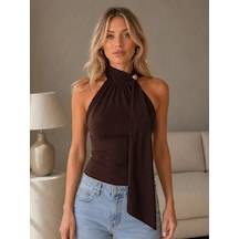 Park Karon Kadın Fular Detay Slim Fit Modal Örme Bluz 26054 Koyu Kahve