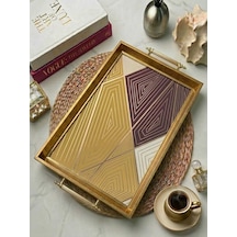 Modern Geometrik Desenli Gold Çerceveli Kulplu Dekoratif Sunum Tepsisi