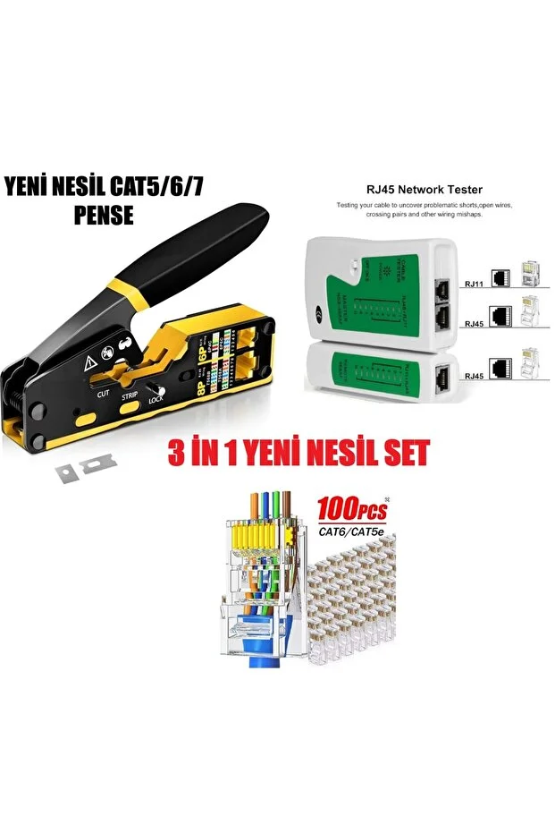 Yeni Nesil Ez Rj45 Sıkma Pensesi + Rj45/r11 Test Cihazı + 100 Adet Yeni Nesil Ez 8pc8c Utp Jak Set Network Set