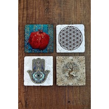Doğal Taş Bardak Altlığı Uv Baskılı 4'lü Set - Nar, Yaşam Çiçeği, Nazar, Hayat Ağacı Stone Coasters Çok Renkli