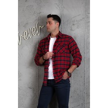 Slimfit Çift Cep Pamuklu Kalın Oduncu Gömlek Kırmızı
