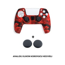 Ps5 Dualsense Uyumlu Kamuflaj Desenli Koruyucu Silikon Kılıf + Analog Silikon Koruyucu Kırmızı Kamuflaj