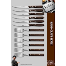 Lazbisa Mtf-062 Hand Craft Serisi Steak Et Yemek Kahvaltı Bıçağı Çatalı 12 Li Set Mutfak Bıçak Seti Ahşap
