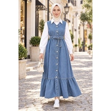Hb Harma Time Butik Kadın Düğmeli Kuşaklı Eteği Fırfırlı Açık Mavi Kot Jile Açık Mavi Açık Mavi