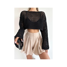 Munora Butik Uzun Kollu Siyah Triko Crop Bluz Siyah Siyah