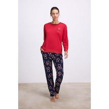 Man11583-1005 Anil Ev Giyim Anıl Kadın Uzun Kol Sweatshirt Ve Kalpli Pantolon Pijama Takımı Şık Ve Rahat Ev Giyimi 11583 Kırmızı