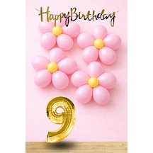 9 Yaş Pembe Sarı Papatya Temalı Gold Rakam Gold Happy Birthday Banner Doğum Günü Süsleme Altın - Pembe