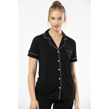 Türen 3368 Kadın Kısa Kollu Gömlek Yaka Pijama Takım-siyah Siyah