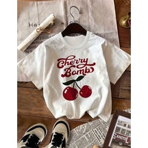 Uyguntarz Unisex Cherry Bomb Baskılı Tasarım Tshirt Beyaz