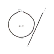 7,5 Mm Siyah Doğal İnci Sıralı Kolye Bileklik Küpe Üçlü Set 50 Cm / Rose Gümüş