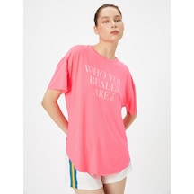 Koton Oversize Spor Tişört Slogan Baskılı Bisiklet Yaka Kısa Kollu Neon Pembe 4wak10121nk Neon Pembe