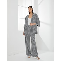 Koton Viskon Kimono Yarım Kollu Cep Detaylı Siyah Çizgili 4sak50080uw 4SAK50080UW9S9 Siyah