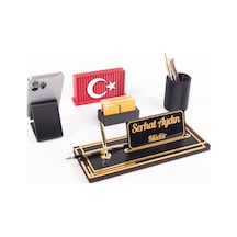 Vera Türk Bayraklı Gold Ahşap Masa İsimliği Seti Çizgi Desen Hediye Ofis Dekoratif Masaüstü İsimlik