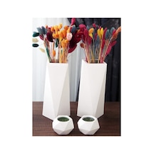 Geometrik Uzun Vazo 20 Cm Ve Geometrik Tealight Mumluk Set 4 Parça Ham Beyaz