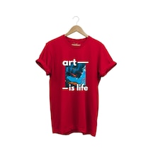 Sanatsal Renkli Tasarım Baskılı Art İs Life Yazılı %100 Pamuk Regular Fit Unisex T-shirt Kırmızı