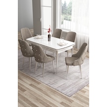 Canisa Tia Serisi 80x132 Açılabilir Mdf Mutfak Masası Takımı Beyaz Masa Krom Detay 6 Cappucino Sandalye Masa Beyaz Sandalye Cappucino