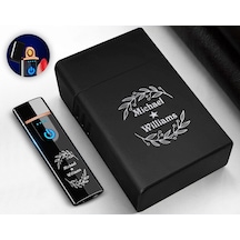 Bk Gift Kişiye Özel Siyah Sigara Tabakası ve Elektronik Dokunmatik Alevsiz Şarjlı Çakmak Seti 2