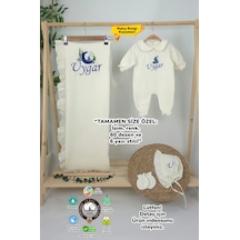 Gros Shop Müslin Yeni Doğan 4katlı Organik %100pamuk Kişiye Özgü Nakışlı Hastane Çıkış Seti Kurt Model-2 Ekru-2