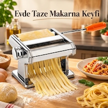 Manuel Erişte Ve Makarna Hamur Açma Makinesi Paslanmaz Çelik Gövde, Tagliatelle Fettuccine Lasagna Kesim, 9 Kademeli Ayar, Masa Sabitleme Aparatı Dahil