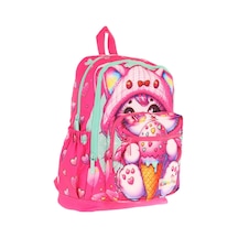 Kaukko Dört Bölmeli Kız Çocuk - Pembe - Dondurma Yiyen Kedi - İlkokul Okul Sırt Çantası - L5250 Pembe