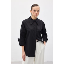 Sateen Düğme Detaylı Gömlek - Siyah-137149 Siyah