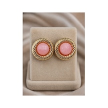 Teamu Pembe Doğal Taş Görünümlü Gold Renk Vintage Burgulu Form Altın Küpe Seti