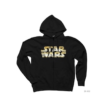 Star Wars Logo Detrited Siyah Fermuarlı Kapşonlu Sweatshirt Siyah