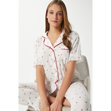 Ritnice Kadın Fırfırlı Kiraz Ön Düğmeli Kısa Kol Alt Üst Pijama Takımı Ekrukırmızı Çok Renkli