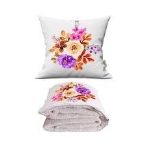Renkli Çiçekler Baskılı Dekoratif Yastık Kırlent Opsiyonel Battaniye 2 İn 1 Çok Renkli