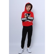 Erkek Çocuk 3 İplik Eşofman Takımı Baskılı Kapşonlu D32 Kırmızı