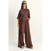 Shade Kadın Belden Bağlamalı Basic T-shirt Bol Paça Pantolon Alt-üst Modal Takım 4114 60286087 - Acı Kahve Çok Renkli