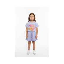 Toontoy Kids Toontoy Kız Çocuk 2'li Şortlu Takım Bisiklet Yaka Kısa Kollu Baskılı Tişört - Beli Lastikli Bağlamalı Cepli Paçası Fırfır Detaylı Şort 25015 Mavi