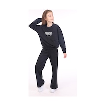 Toontoy Kids Toontoy Kız Çocuk 2'li Takım Baskılı Bisiklet Yaka Sweatshirt & Beli Lastikli Bol Paça Eşofman Altı - 2 İplik Siyah