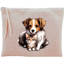 Sarılan Kedi Köpek Baskılı Makyaj Çantası