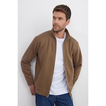 Tudors Unisex Relax Fit Rahat Kesim Pamuklu 3 İplik İçi Polarlı Fermuarlı Kahverengi Cepli Sweatshirt Hırka-41677 Kahverengi