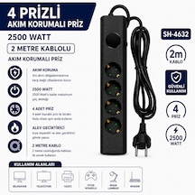 Sh-4632 4 Lü Akım Korumalı Priz 2500w 2 Metre Kablolu Anahtarlı Topraklı Çoklu Grup Priz Uzatma Kablosu 2 M