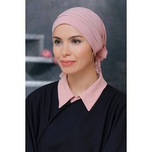 Hürrem Bone Pudra Pratik Hazır Geçmeli Tesettür Bone Sandy Kumaş Pileli Nervü Pudra